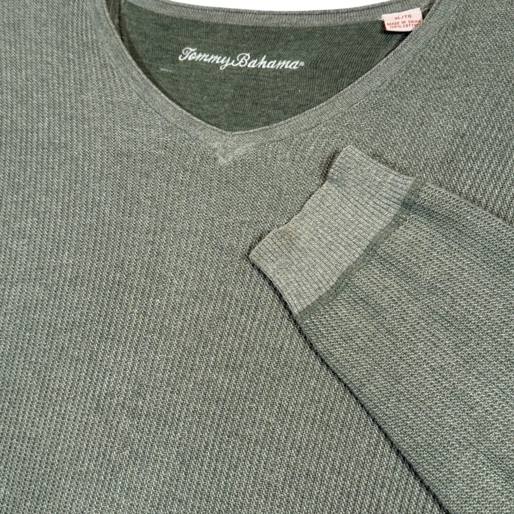 Tommy Bahama Mens Olive Green V-Neck‎ Cotton Knit Ribbed Pullover Sweater